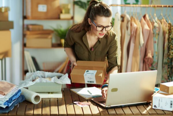 A woman in a green shirt and glasses packing a box amidst various packing materials, with a laptop open in front of her on a wooden table, and clothing items hanging on a rack in the background, indicating a small business workspace.